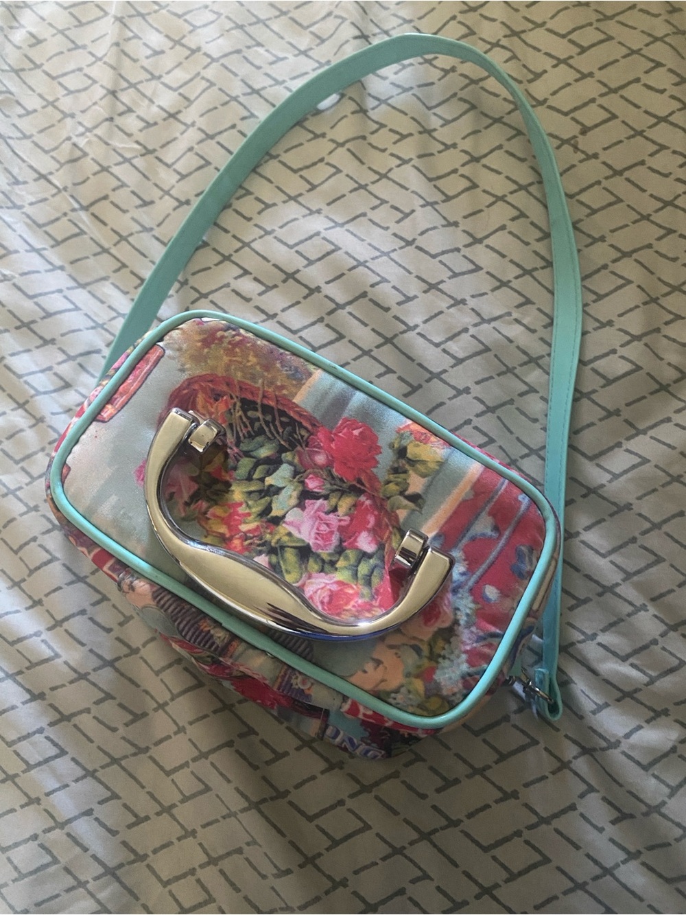 Floral Print Mint Trim Crossbody Bag